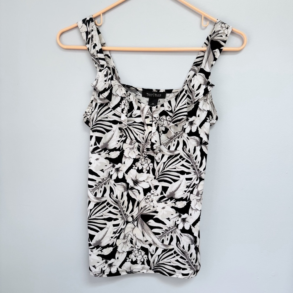 White House Black Market Black & White Tropical Botanical Sleeveless Blouse XS